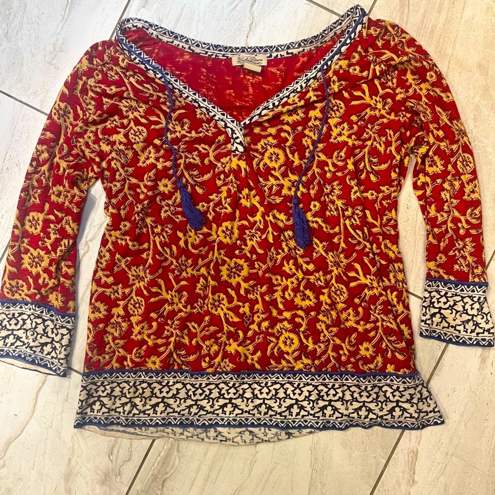 Lucky Brand Blouse. EUC. 3/4 sleeves, rich colors, tassels. Size medium.